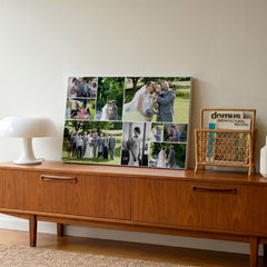 A Wedding Collage on Canvas sits on top of a mid century side board. 