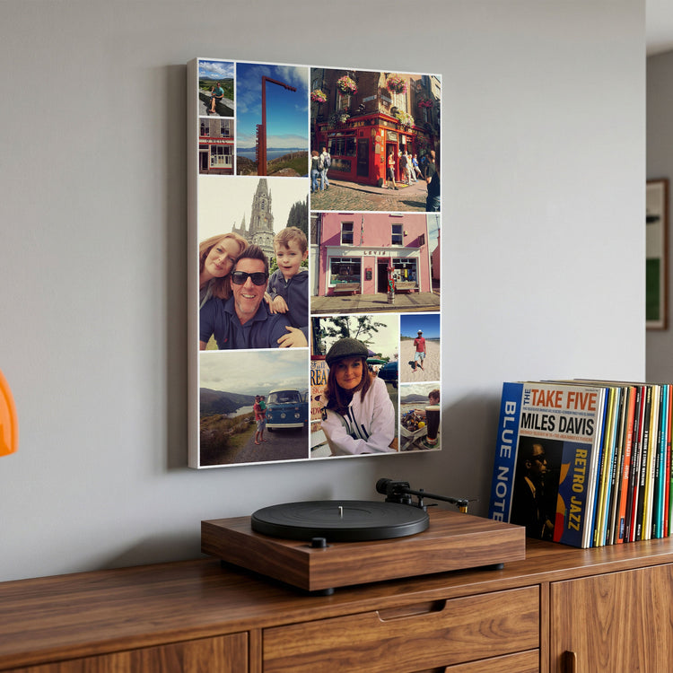 Bespoke Collage Portait shape hanging on wall over sideboard. 