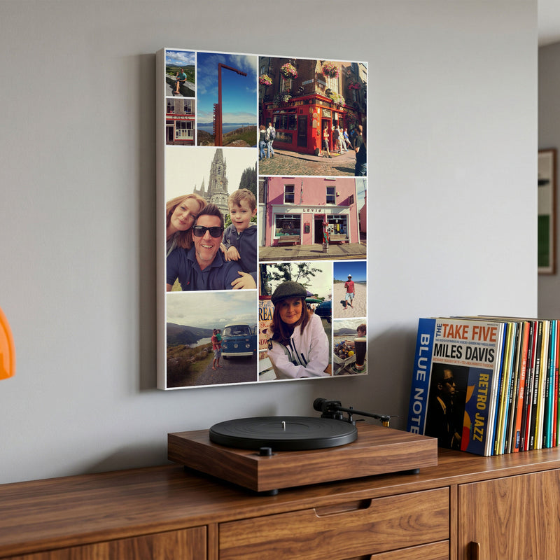 Bespoke Collage Portait shape hanging on wall over sideboard. 