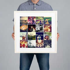 A man holds a white framed custom photo grid collage print against a solid gray background. The print is 40x40cm and the frame is 54x54cm. 