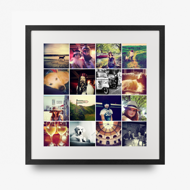 A square framed photo collage print with a black frame and white mat, featuring 12 small vintage-style travel photos arranged in a grid. 